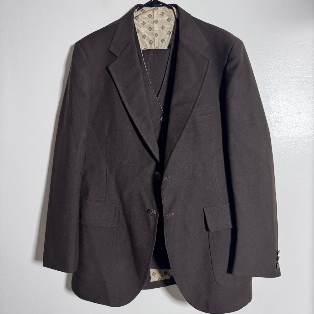JCPenney The Men's Shop 3-Piece Suit Mens 42L 34W Brown Solid Vintage Twill Vest